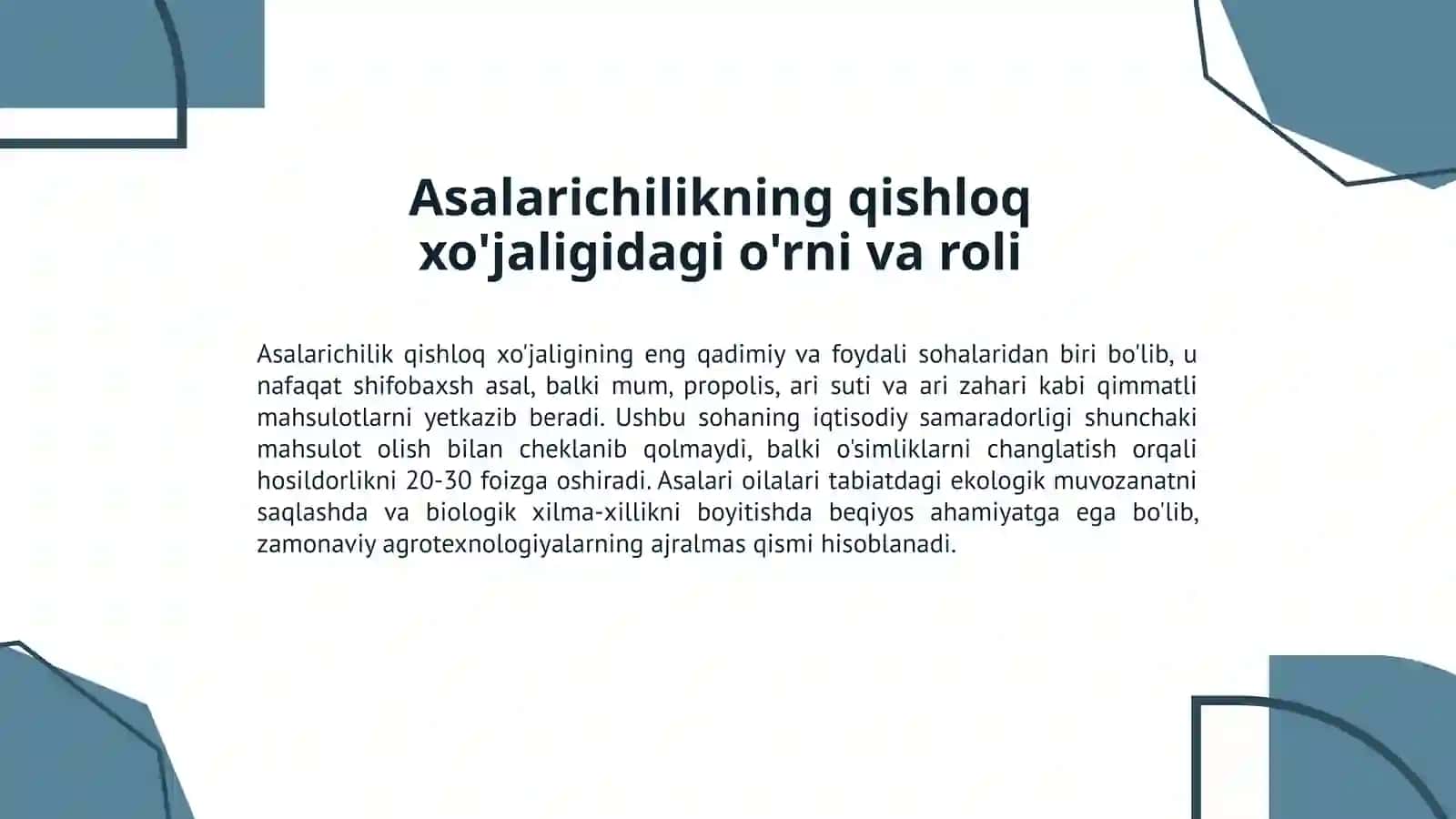 Asalarichilikning qishloq xo'jaligidagi o'rni va roli 2