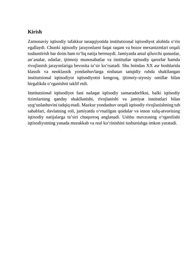 Institutsional iqtisodiyot fanining paydo bo‘lishi predmeti va rivojlanishi 2