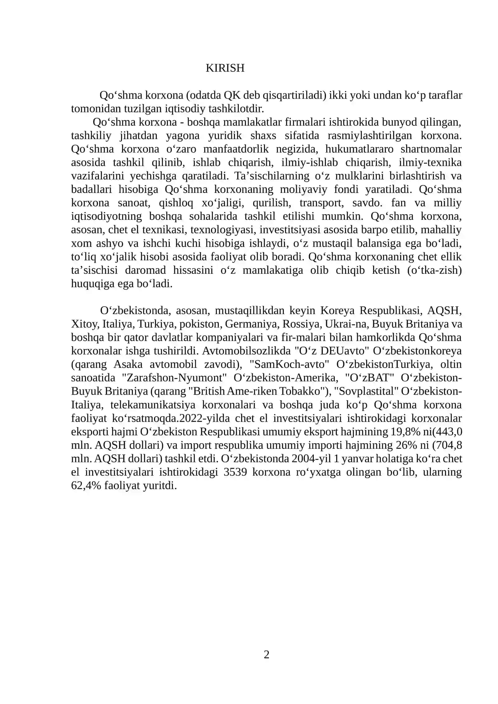 O’ZBEKISTON SANOATIDA QOSHMA KORXONALARNING HOZIRGI                RIVOJI SHAROITI 2