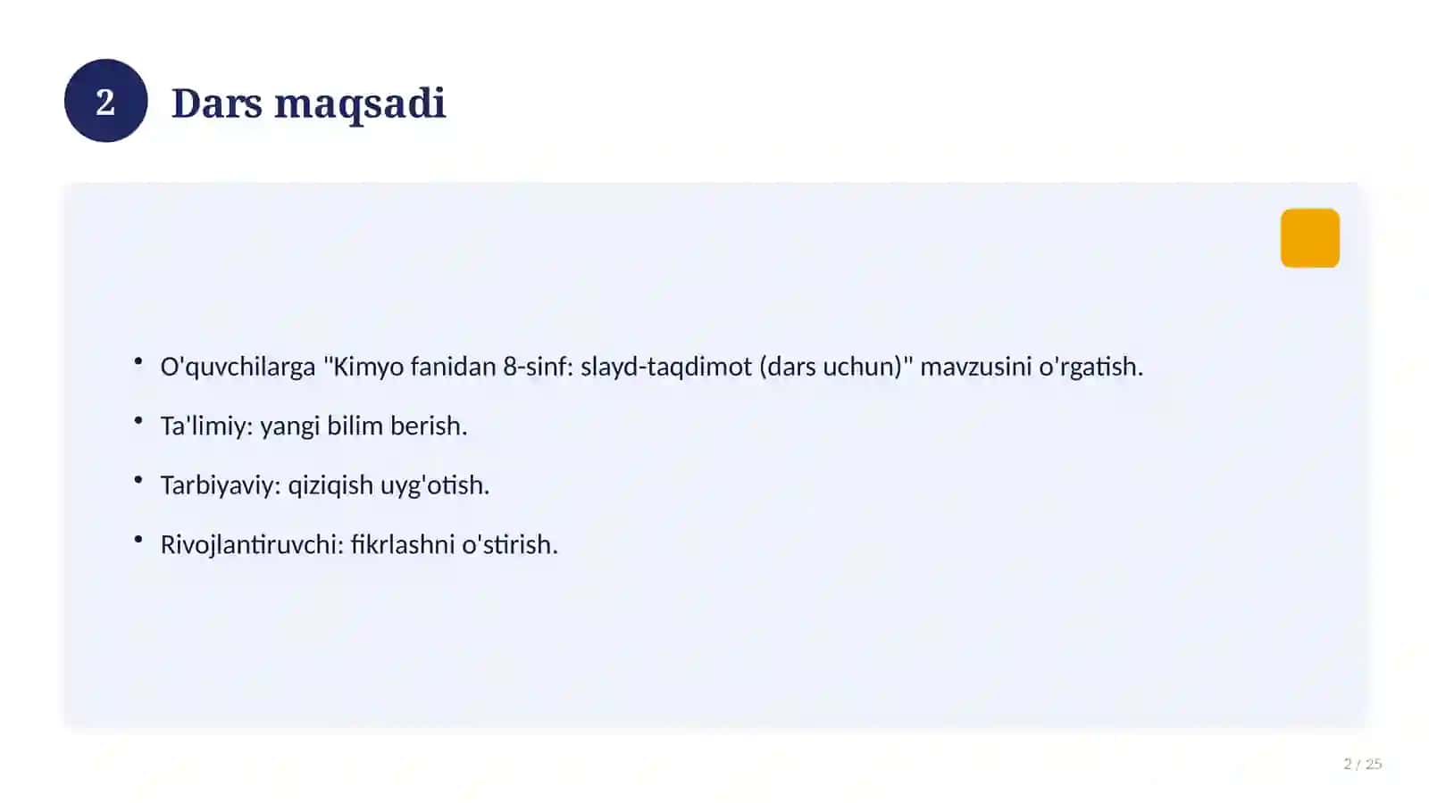 Kimyo fanidan 8-sinf: slayd-taqdimot (dars uchun) 2