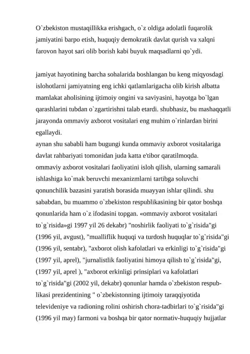 O'zbekiston Respublikasida ommaviyaxborot vositalari faoliyati 2