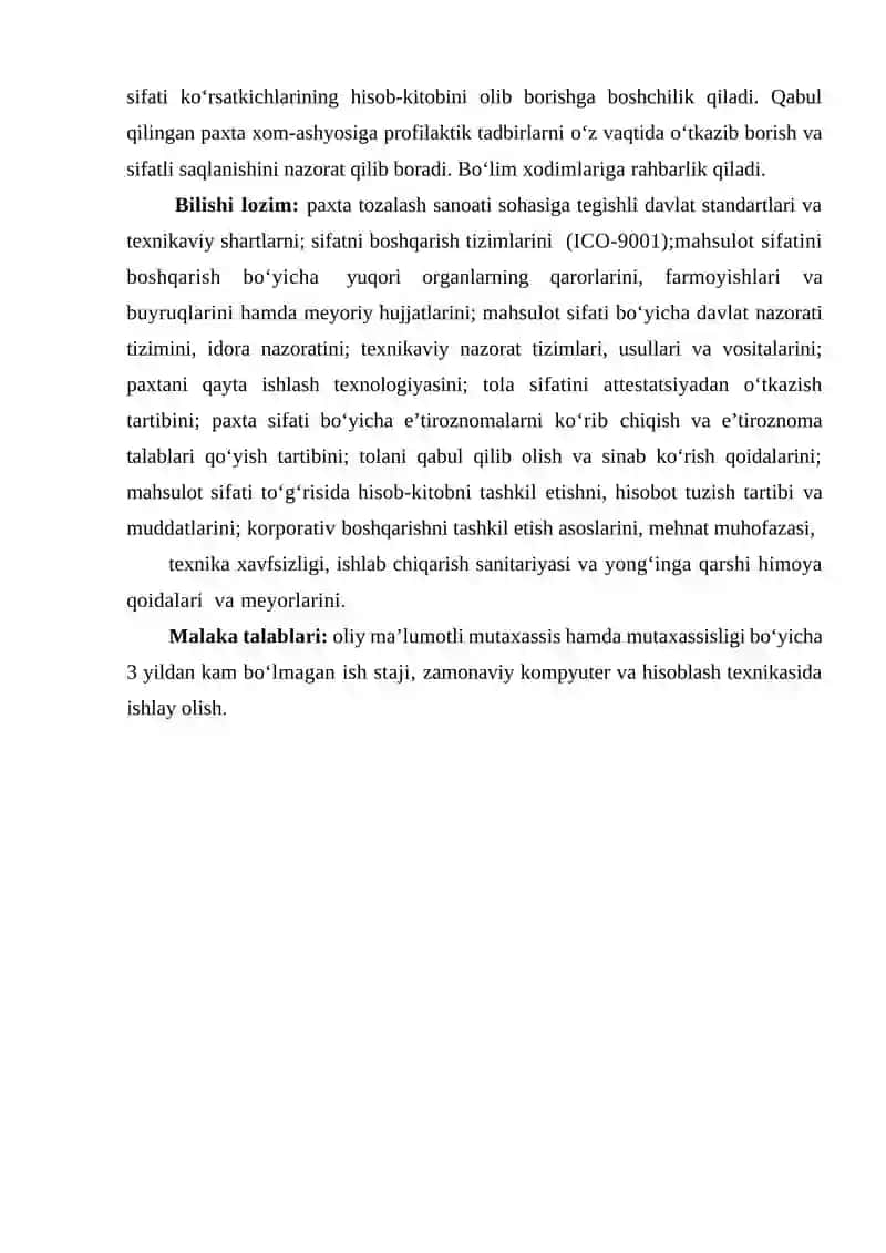 TEXNIK NAZORAT, METROLOGIYA VA LABORATORIYA BО‘LIMI BOSHLIG‘INING MALAKA TAVSIFI 2