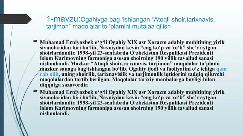 Ogahiyga bag‘ishlangan “Atoqli shoir,tarixnavis, tarjimon” maqolalar to‘plami 2