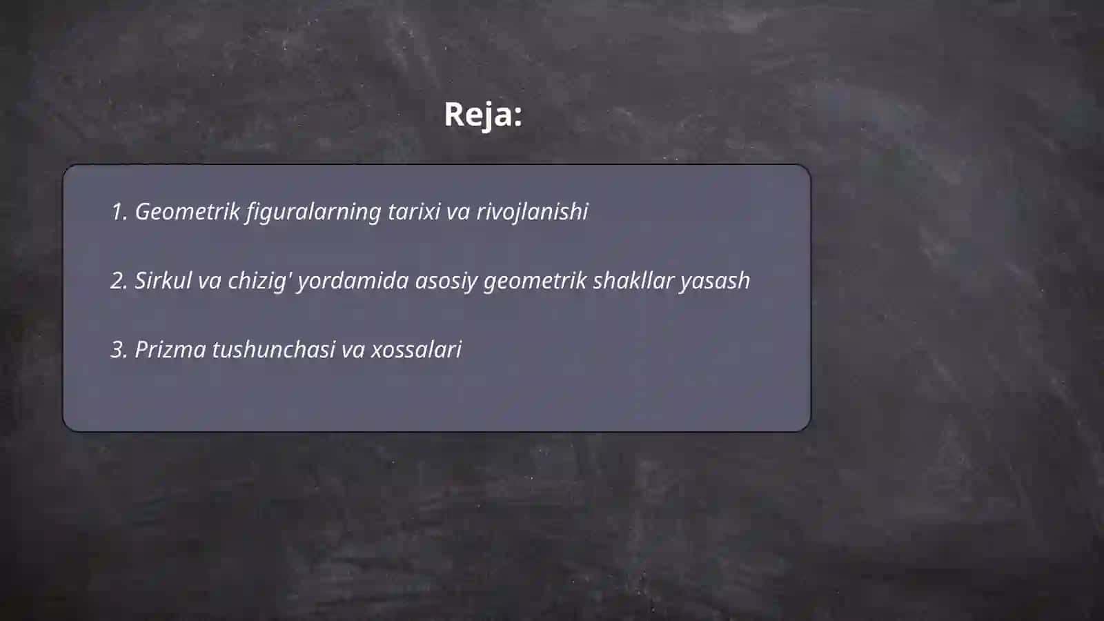 Yasashga doir geometrik masalalar haqida tushuncha. Geometrik figuralarni sirkul va chizig’ining yordamida yasash bosqichlari. Ko‘pyoqlilar. Ko‘pyoqlilar haqida Eyler teoremasi.Prizma, to‘g‘ri burchakli parallelepiped,piramida. Ayla jismlar. Slindr, konus, shar. Fazoviy figuralarni tekislikda tasvirlash 2