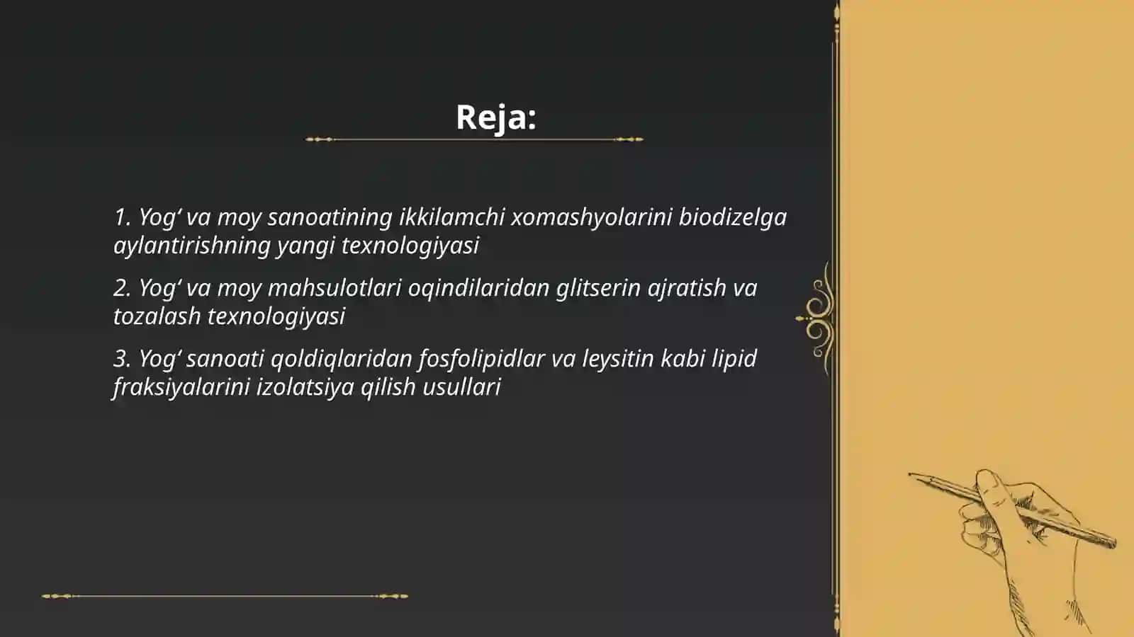 Yogʻ va moy mahsulotlarini ikklamchi xomashyolarini qayta ishlab yangi texnologiya yaratish 2