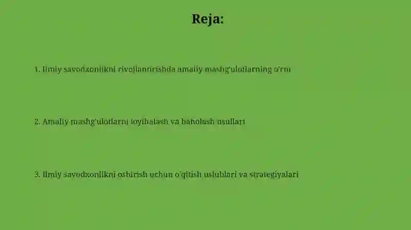 Amaliy mashg'ulotlar orqali ilmiy savodxonlikni rivojlantirish metodikasi 2