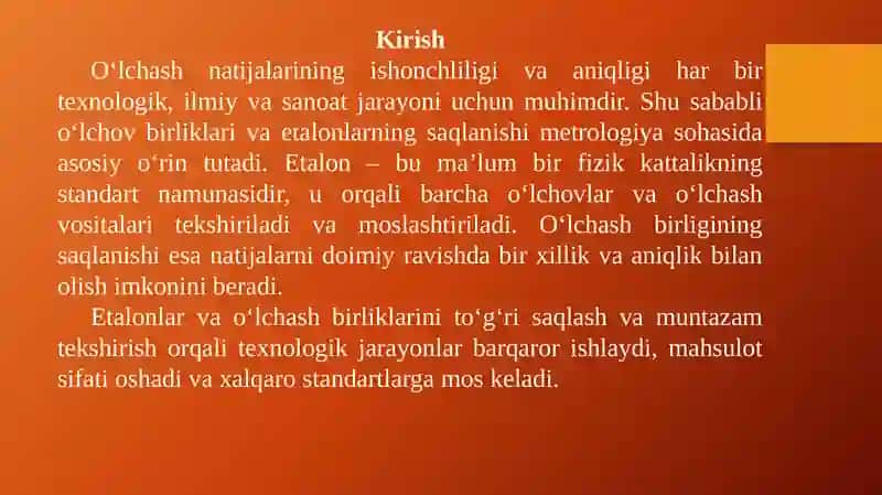 Etalonlar va O'lchash Birligining Saqlanishi 2