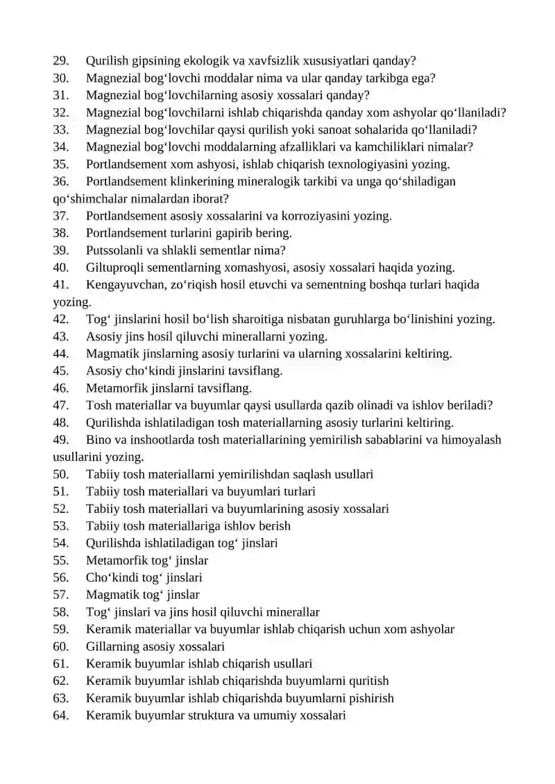 Qurilish materiallari va buyumlari fanidan yakuniy nazorati savollari 2