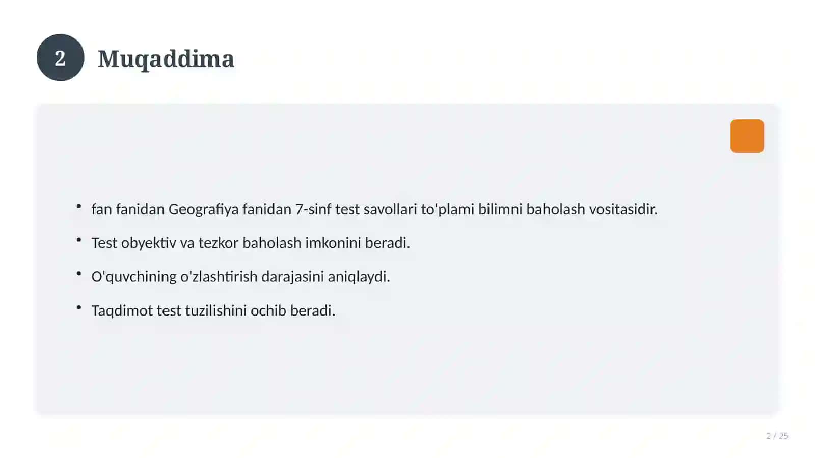Geografiya fanidan 7-sinf test savollari to'plami 2