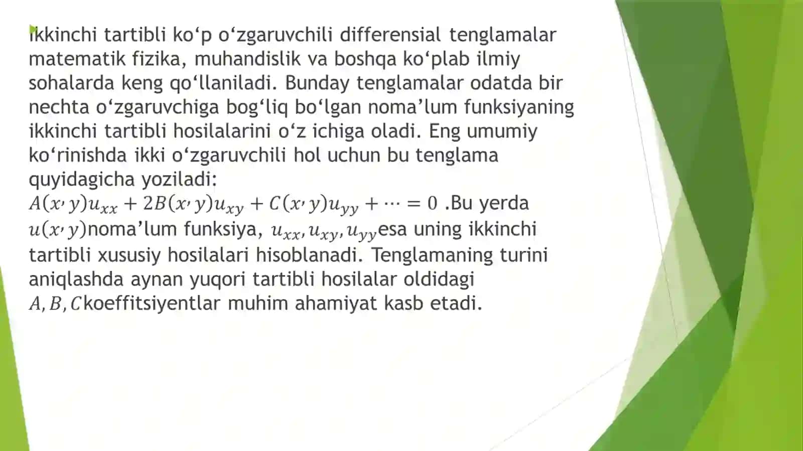 Ikkinchi tartibli koʻp oʻzgaruvchili tenglamalarining tiplarini aniqlash 2