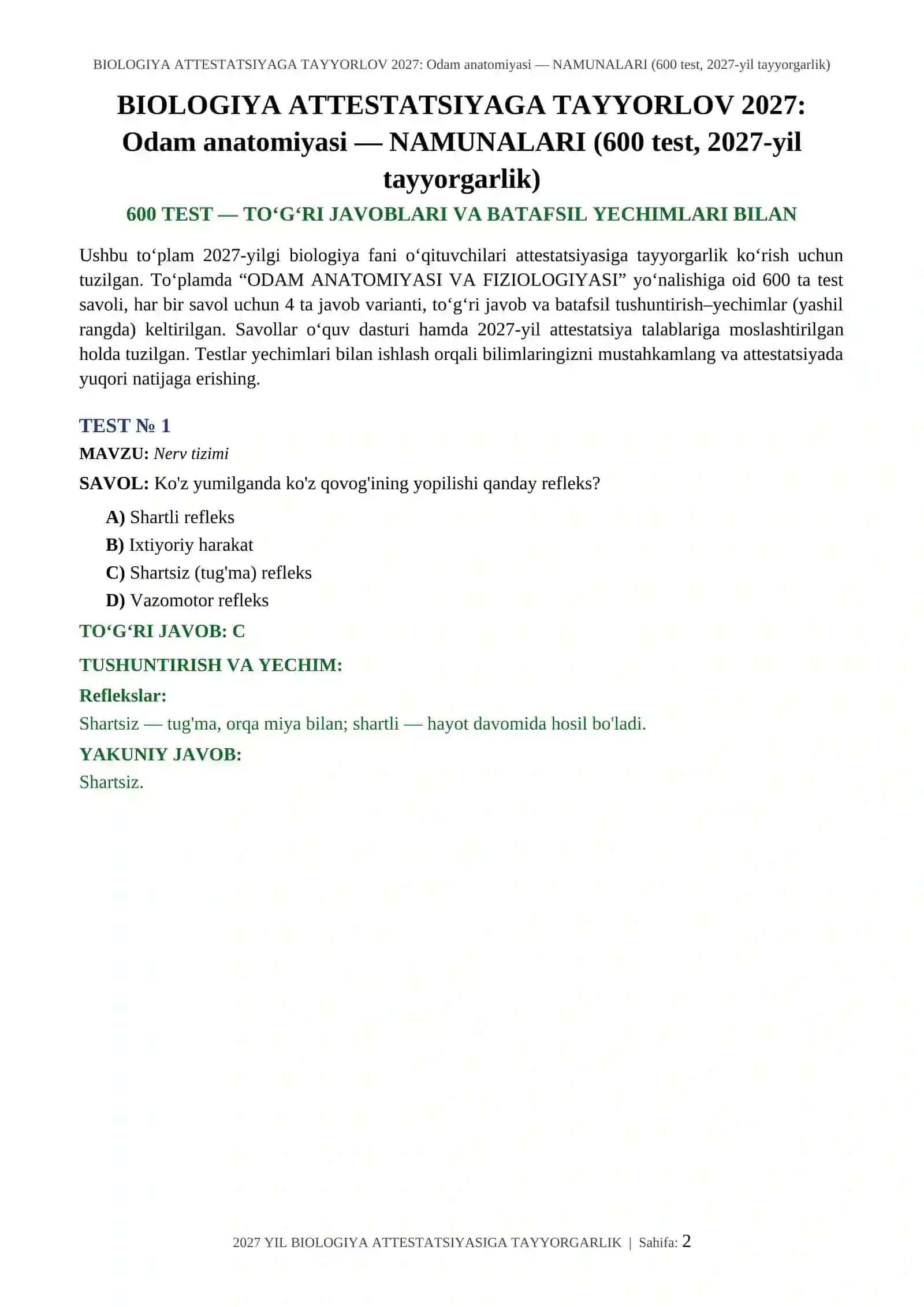 BIOLOGIYA ATTESTATSIYAGA TAYYORLOV 2027: Odam anatomiyasi — NAMUNALARI (600 test, 2027-yil tayyorgarlik) 2