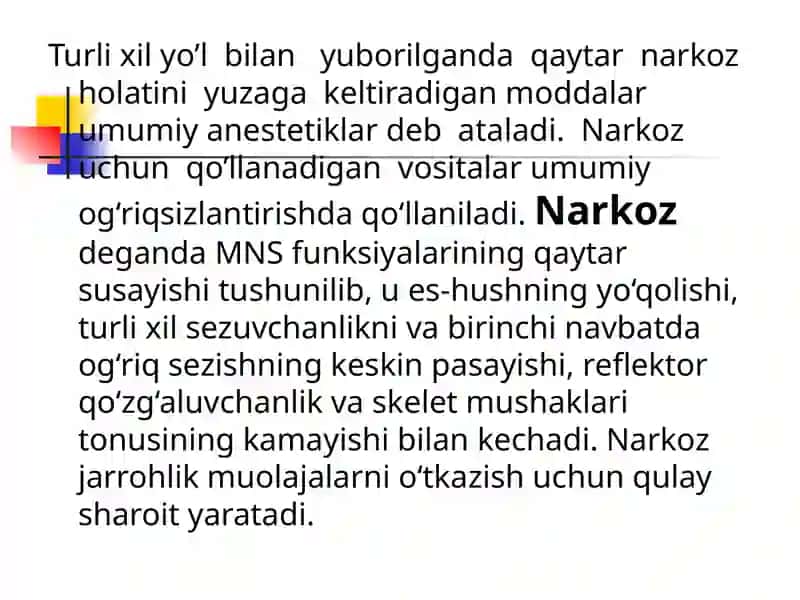 NARKOZ UCHUN VOSITALAR VA MAHALLIY ANCSTETIKLAR KLINIK FARMAKOLOGIYASI 2
