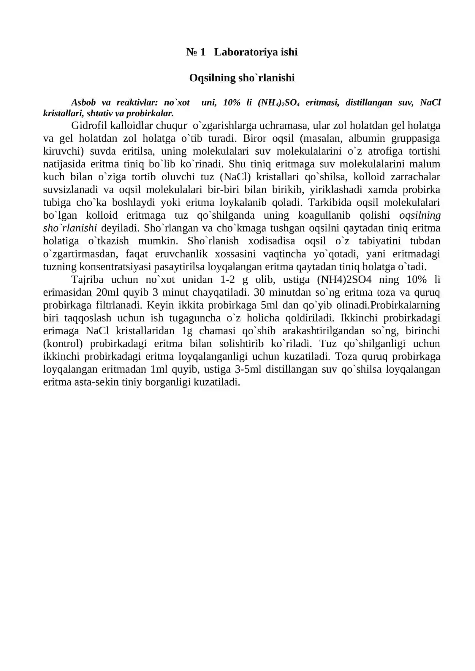 Oqsilning sho`rlanishi 2