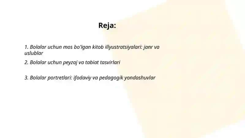 Tasviriy sanat turlari va janrlardagi bolalar uchun mos bõlgan asarlar 2