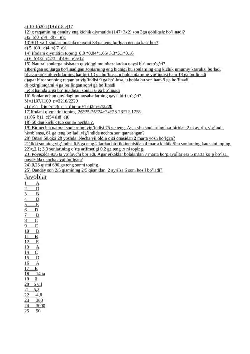 6-sinf uchun matematikadan yozma ish va test 2