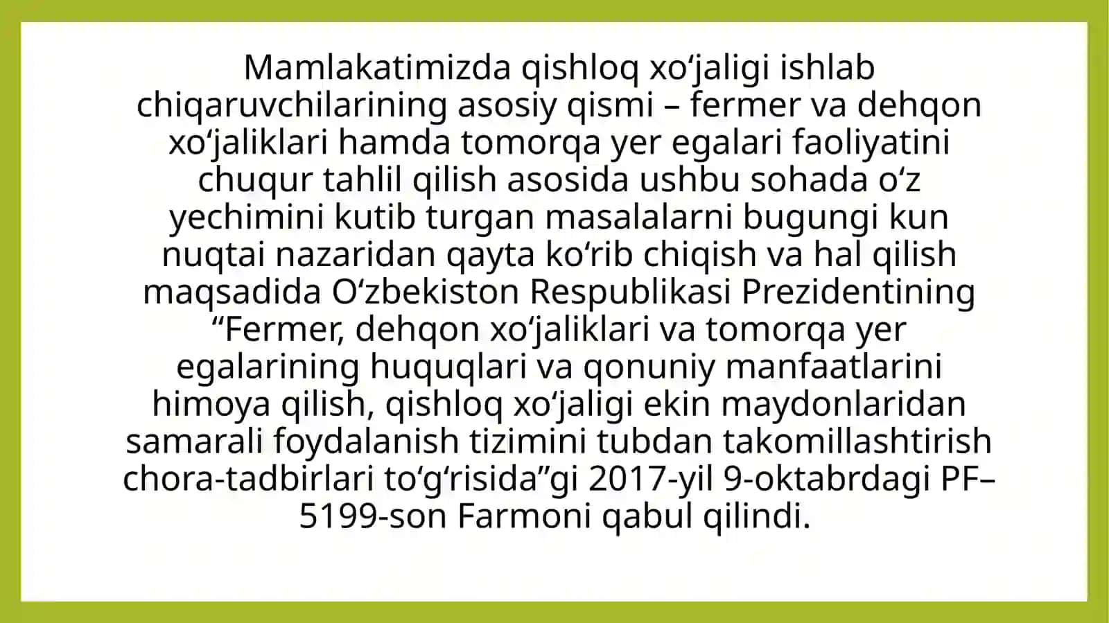 O'zbekistonda fermer va dehqon xo'jaliklarini rivojlantirish vazifalari va istiqbollari 2