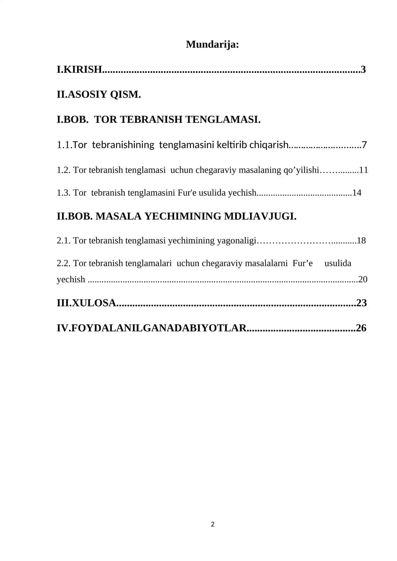 Tor tebranish tenglamasi uchun birinchi va ikkinchi chegaraviy masalani Fur'e usuli bilan yechish 2