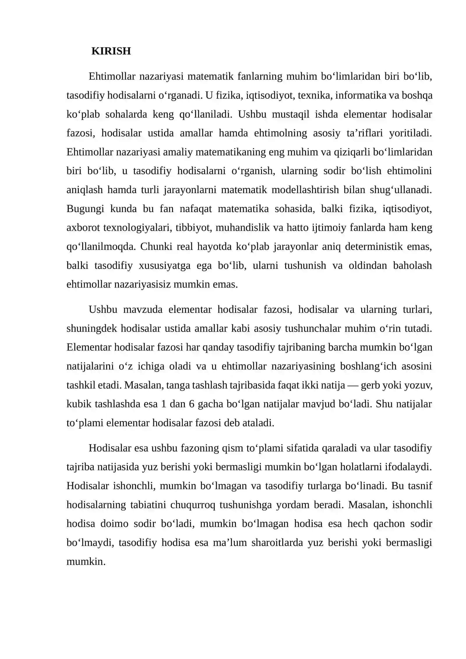 ELEMENTAR HODISALAR FAZOSI. HODISALAR USTIDA AMALLAR. EHTIMOLNING TA’RIFLARI 2