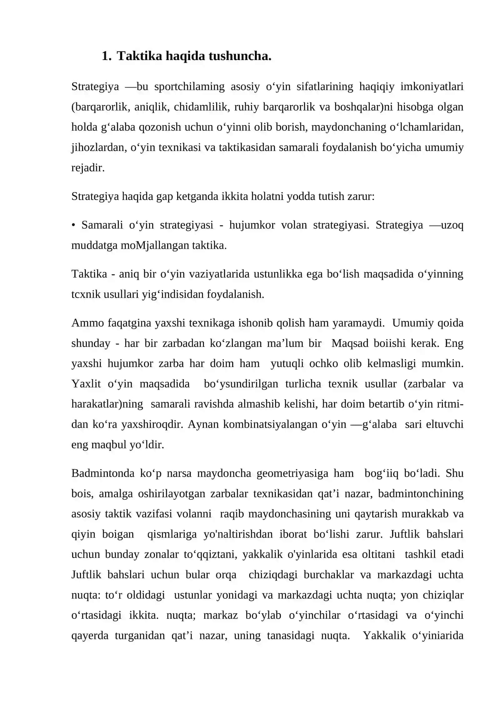 BADMINTON O’YIN TAKTIKASINING TASNIFI 2