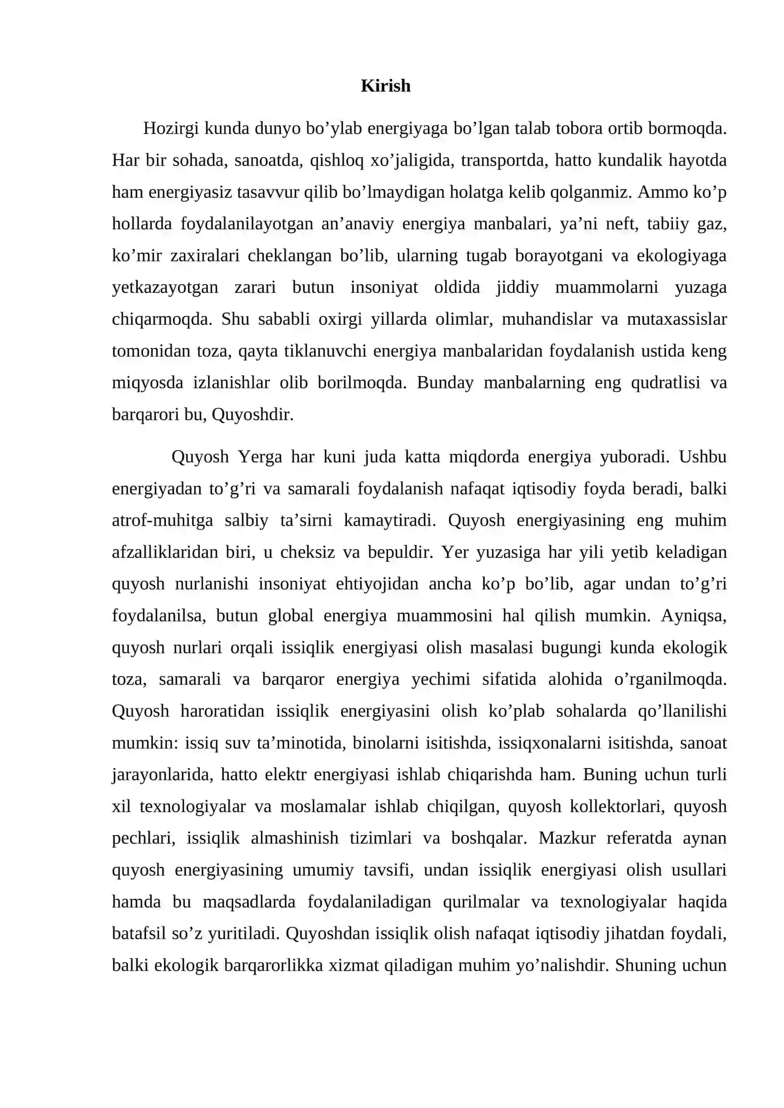 Quyosh haroratidan energiya olish mavzusida tayyor sifatli refarat. 2