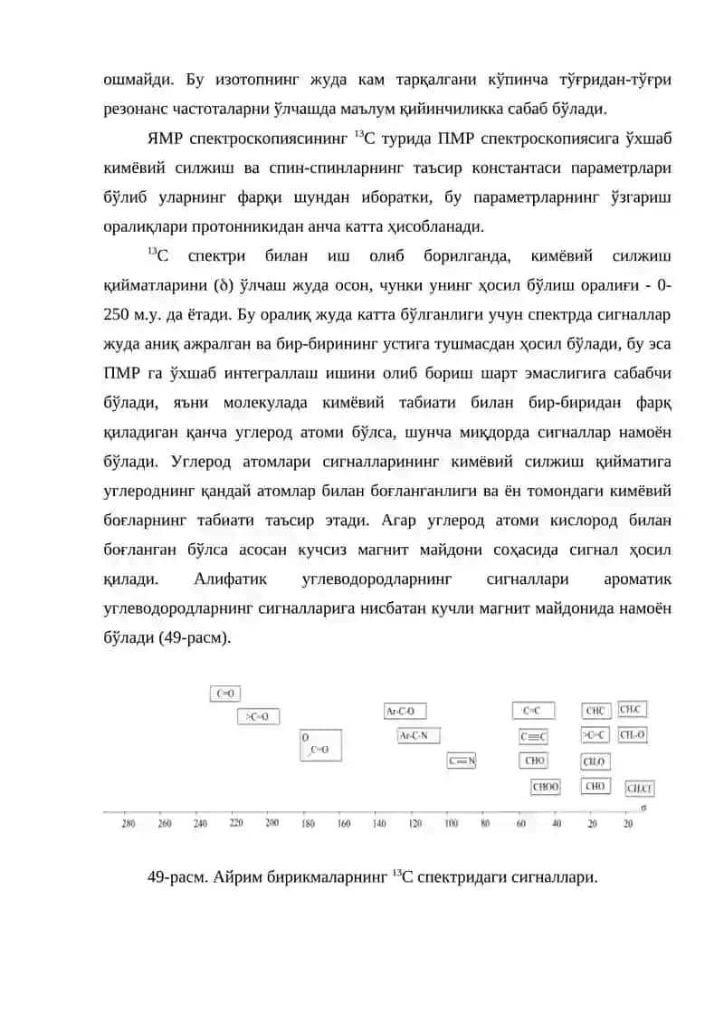 13С – спектроскопия. Кимёвий силжиш ва спин-спин таъсир константалари. Фурье спектроскопия 2