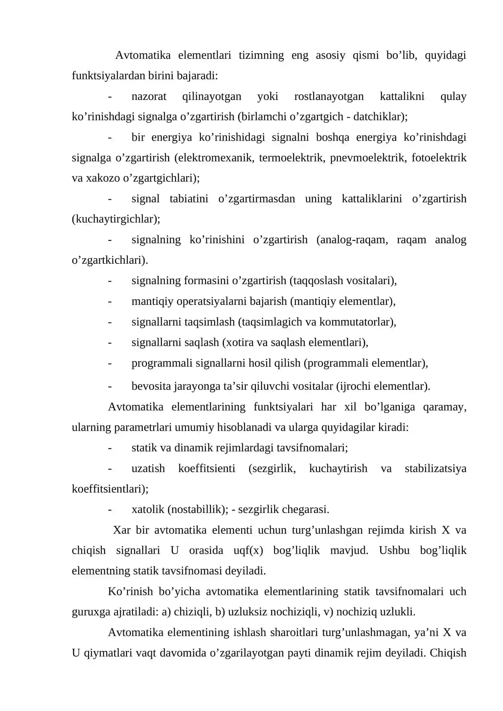 Avtomatika elementlari va ularning asosiy ko’rsatkichlari 2