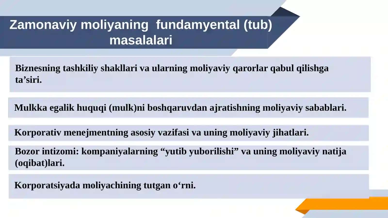 Zamonaviy moliyaning fundamyental (tub) masalalari 2