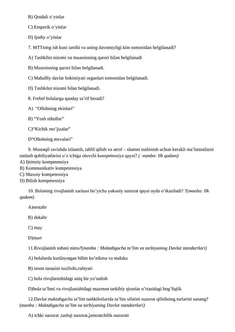 Maktabgacha ta'lim sohasidagi bilimlarini aniqlash 2