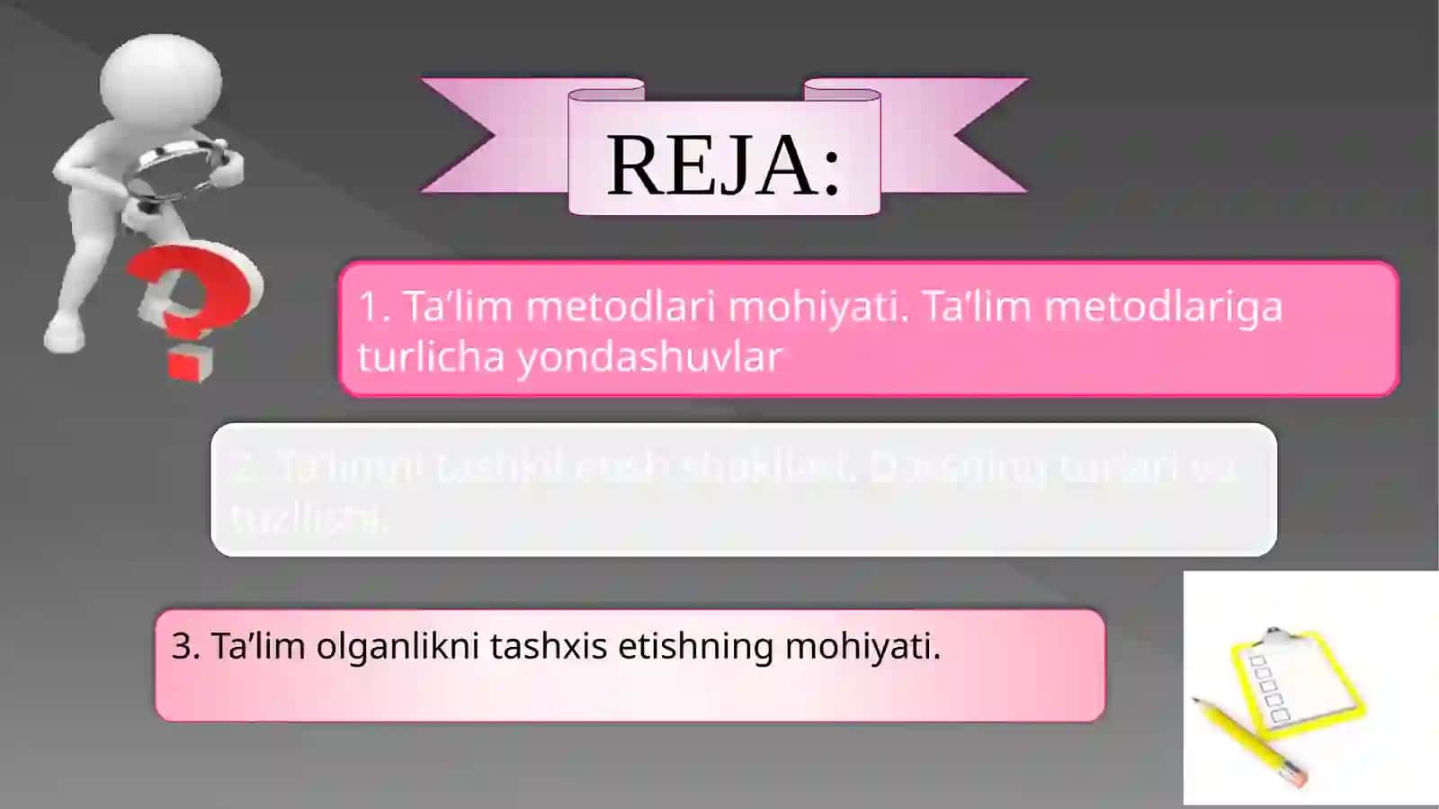 TA’LIM METODLARI VA VOSITALARI,TA’LIMNI TASHKIL ETİSH SHAKLLARI VA TURLARI.O‘QUVCHILARNING BILIM, KO‘NIKMA VA MALAKALARINI TASHXIS ETISH 2