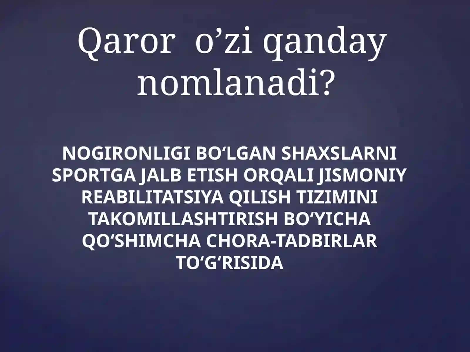 NOGIRONLIGI BO‘LGAN SHAXSLARNI SPORTGA JALB ETISH ORQALI JISMONIY REABILITATSIYA QILISH TIZIMINI TAKOMILLASHTIRISH BO‘YICHA QO‘SHIMCHA CHORA-TADBIRLAR TO‘G‘RISIDA 2