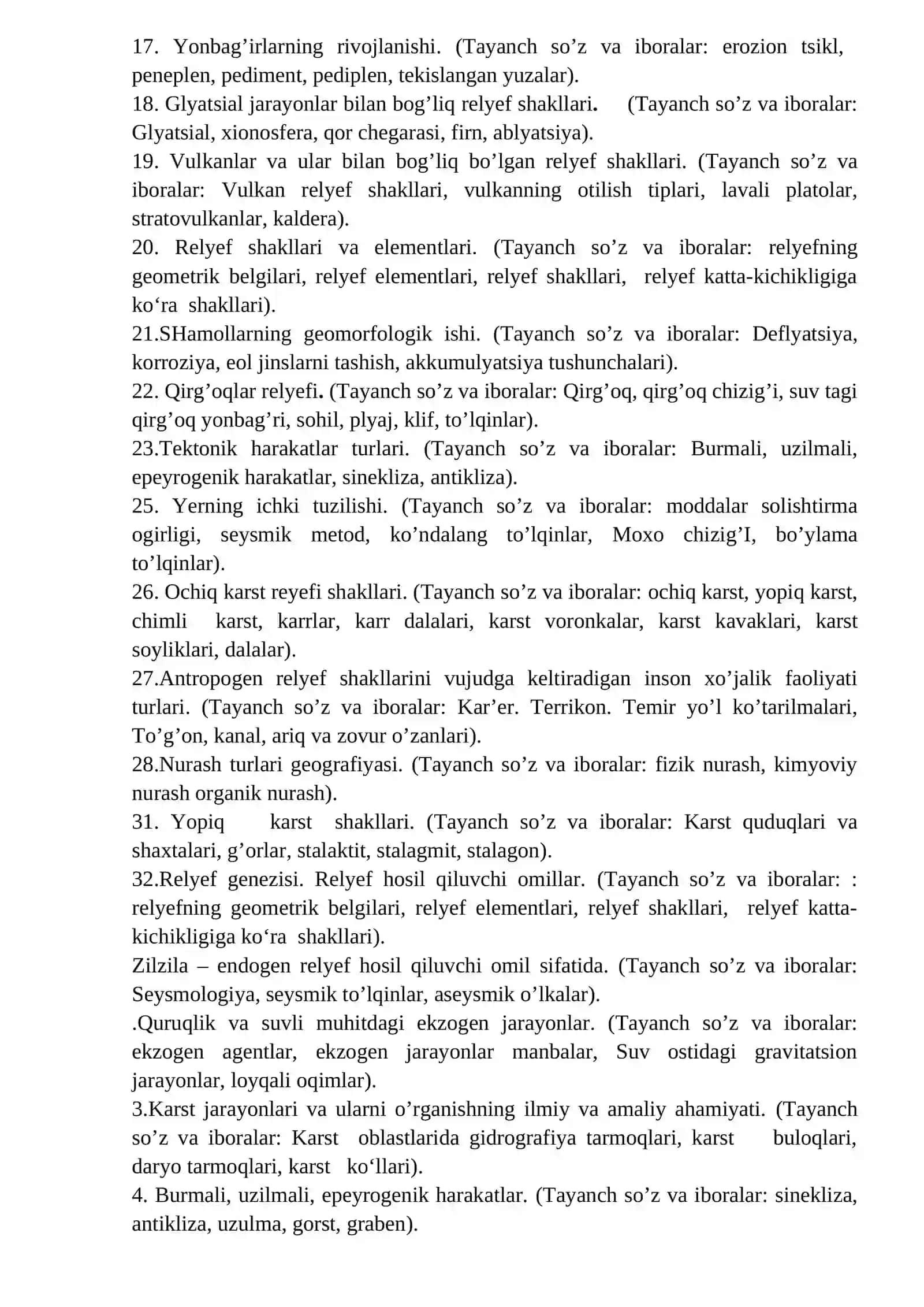 Geomorfologiya va geologiya asoslari” fanidan yakuniy nazorat savollari 2