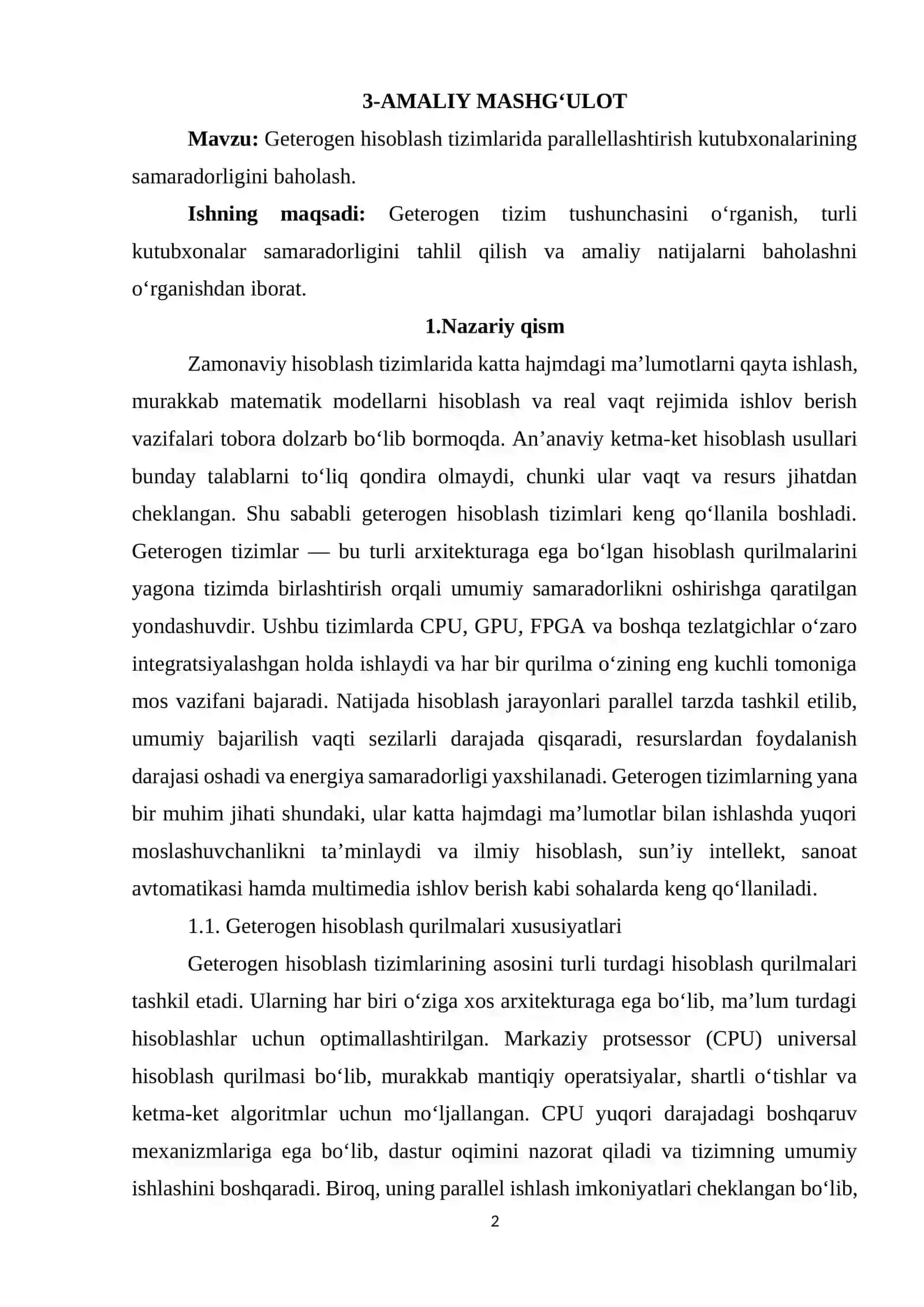 Geterogen hisoblash tizimlarida parallellashtirish kutubxonalarining samaradorligini baholash 2