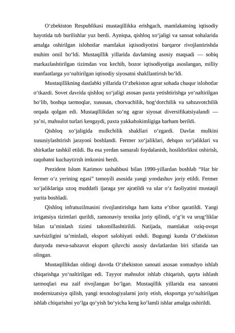 MUSTAQILLIK YILLARIDA QISHLOQ XOʻJALIGI VA SANOAT SOHASIDAGI O'ZGARISHLAR 2