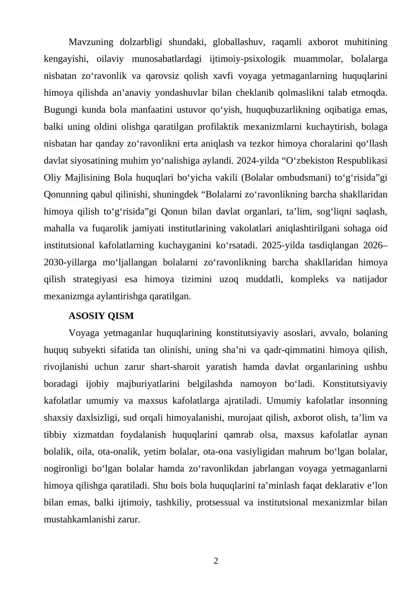 VOYAGA YETMAGANLAR HUQUQLARI VA QONUNIY MANFAATLARINI TAʼMINLASHNING KONSTITUTSIYAVIY ASOSLARI 2