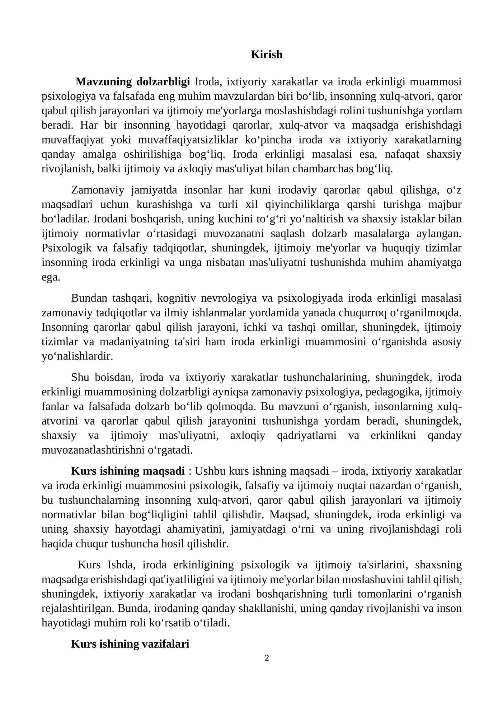“Irodani aniqlash ixtiyoriy xarakatlar mezonlari va iroda erkinligi muammosi” 2