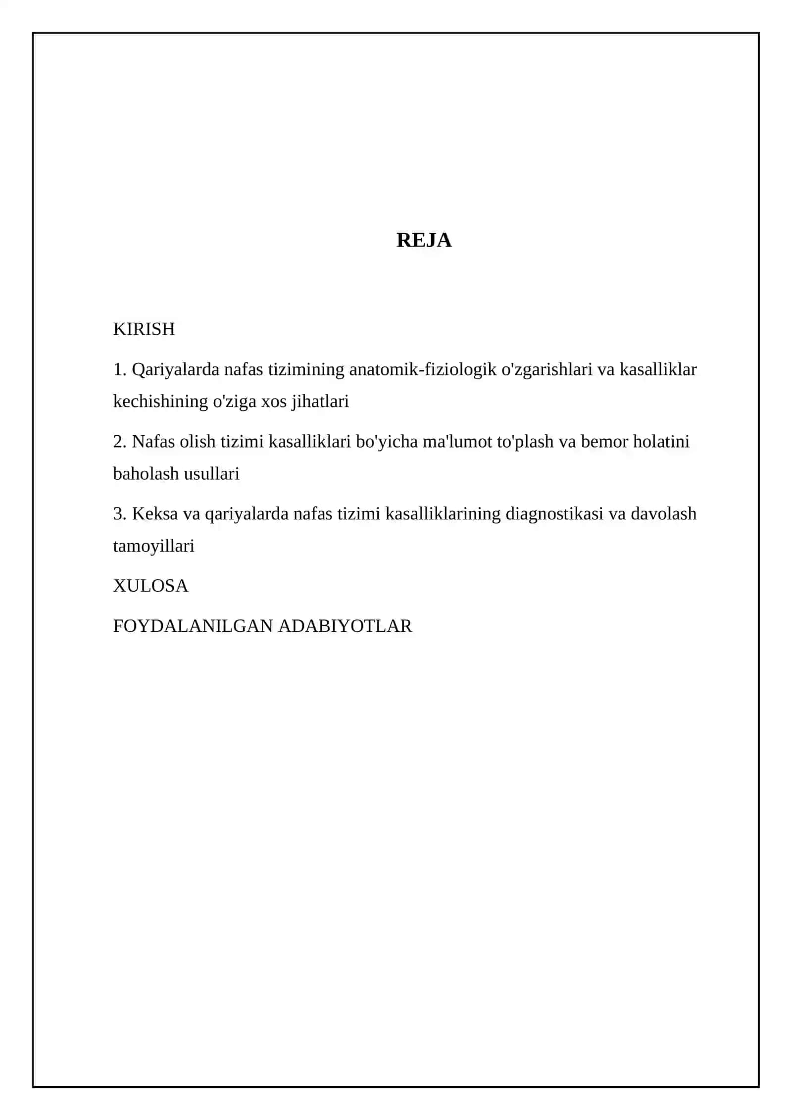 Qariyalarda nafas tizimi a'zolari kasalliklarini oʻziga xos kechishi. Nafas tizimining anatomo-fiziologik xususiyatlari, keksa va qariyalarda kasalliklar kechishini oʻziga xosligi. Ma'lumot toʻplash qoidalari va bemor holatini baholash 2