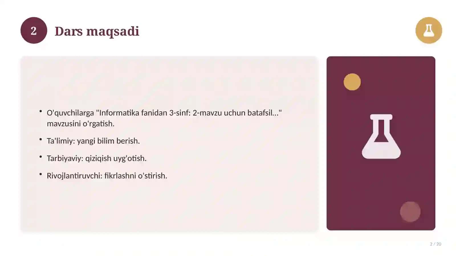 Informatika fanidan 3-sinf: 2-mavzu uchun batafsil dars ishlanmasi 2