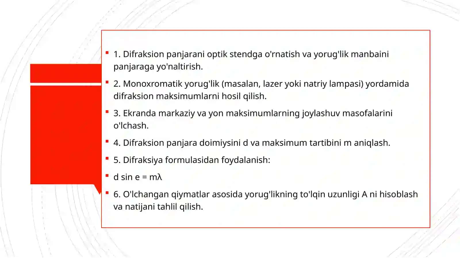 BiofizikaM:Yorug'likningto'lqinuzunliginidifraksionpanjarayordamidaaniqlashBajardi 2