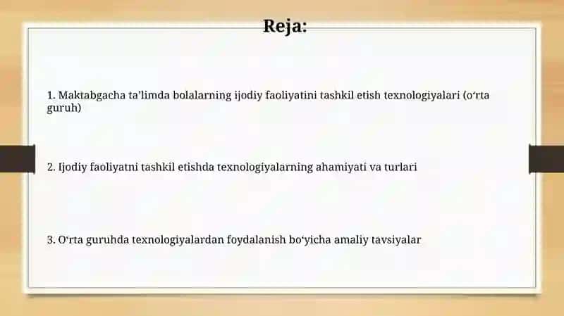 Maktabgacha ta'limni bolalarni ijodiy faoliyatini tashkil qilish tehnalogiyasi (o'rta guruh ) 2