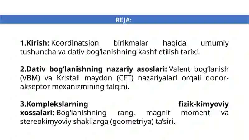 KOORDINATSION BIRIKMALARDA DATIV BOGʻLANISHI VA XOSSALARINI OʻRGANISH VA TAHLILIY MA'LUMOTLAR YOZISH 2