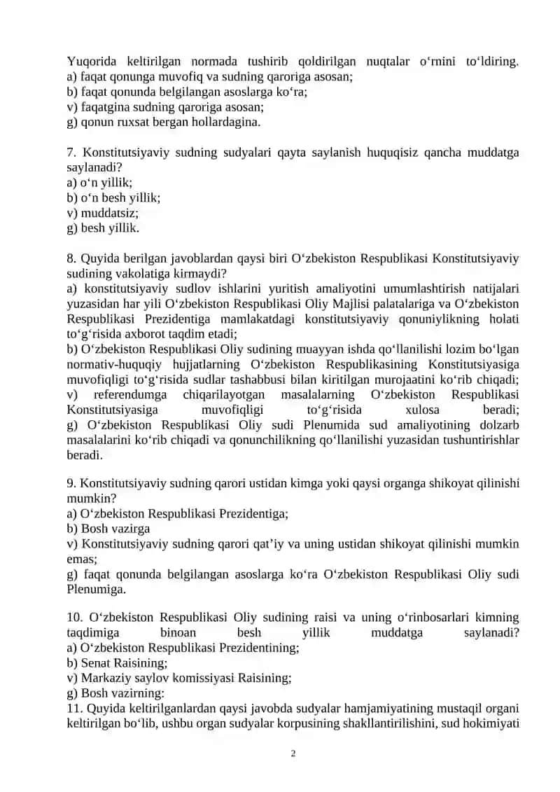 Yangi tahrirdagi O‘zbekiston Respublikasi Konstitutsiyasi fanidan test savollari 2
