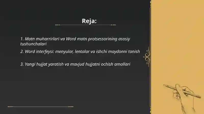 :  Matn muharrirlari va Word matn prosessori Kiritish tahrirlash va formatlash amallar.Hujjat tarkibiga rasm òrnatish hujjatni bezash 2