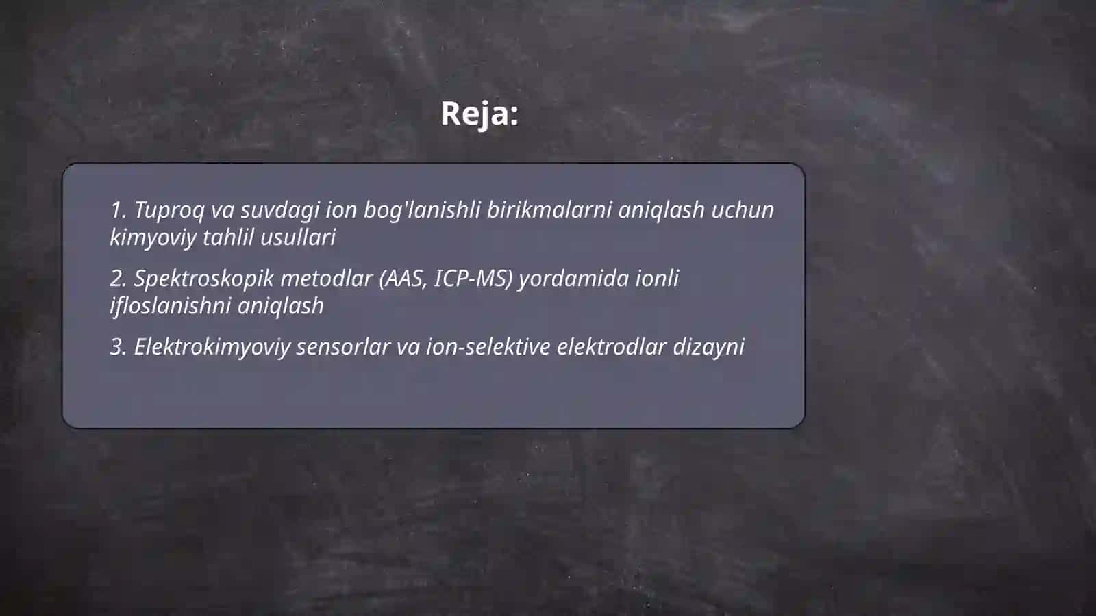 Tuproq va suvning ifloslanishida ion bog'lanishli birikmalarni aniqlash va ularni tozalash g'oyasini ishlab chiqarish 2