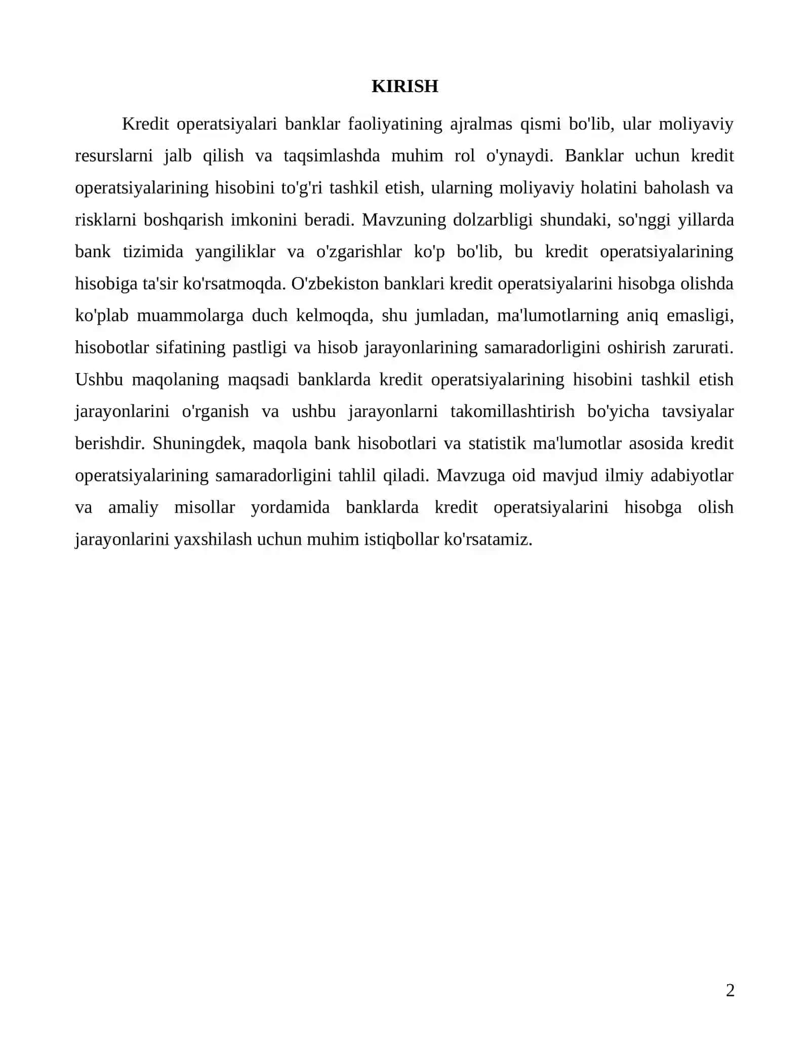 Banklarda kredit operatsiyalari hisobining tashkil etilishi va samaradorligi 2