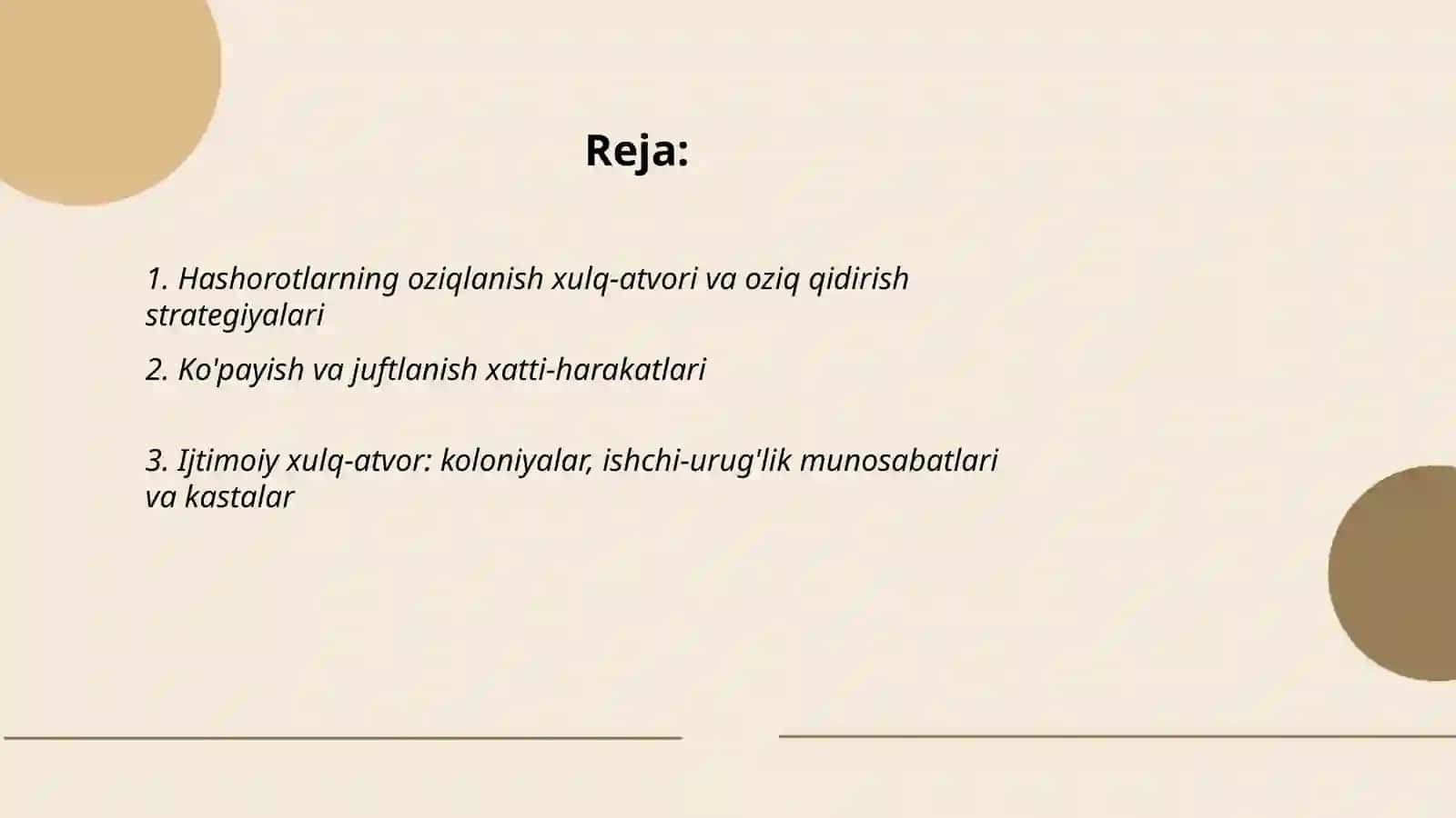 Hashorotlar sinfi vakillarining etologik xususiyatlarini o'rganish Dilrabo 2