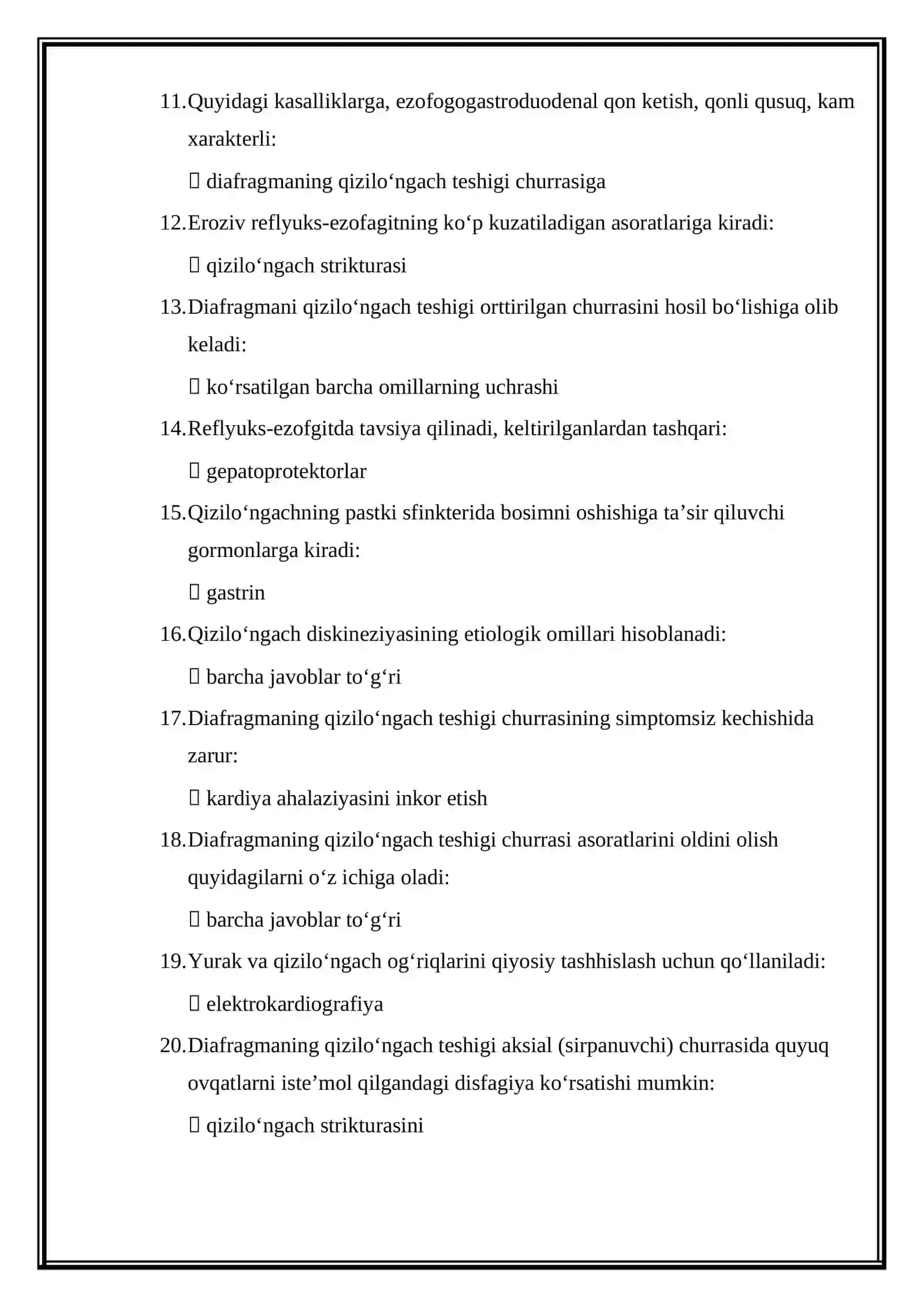 Gastroenterologiya mutaxassisligi boʻyicha shakllantirilgan test savollari roʻyxati 2