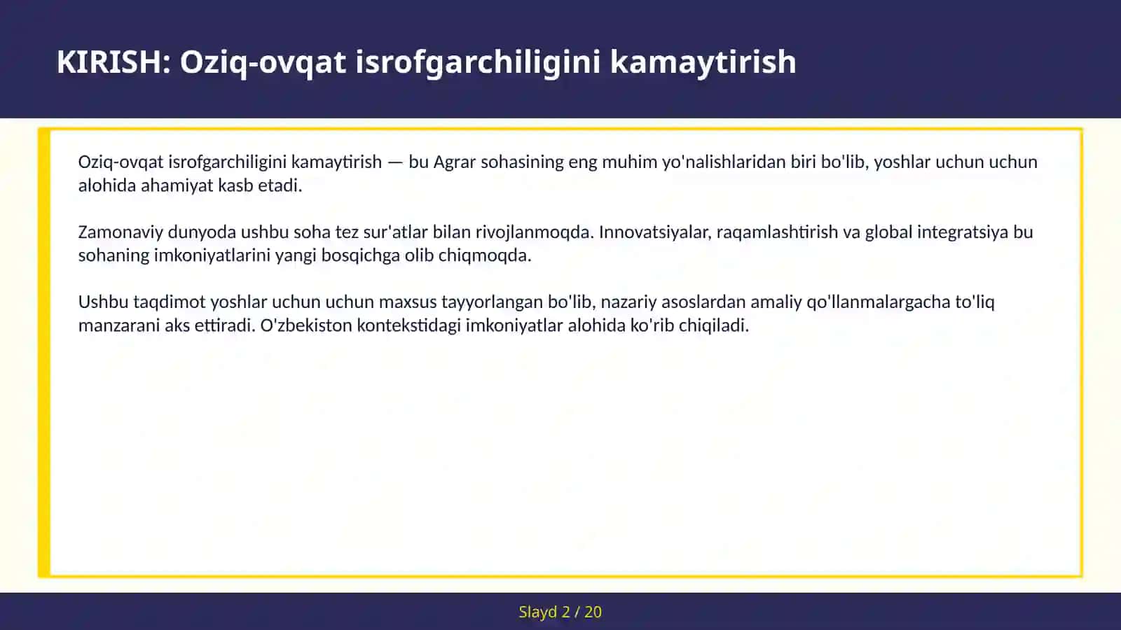 Oziq-ovqat isrofgarchiligini kamaytirish 2