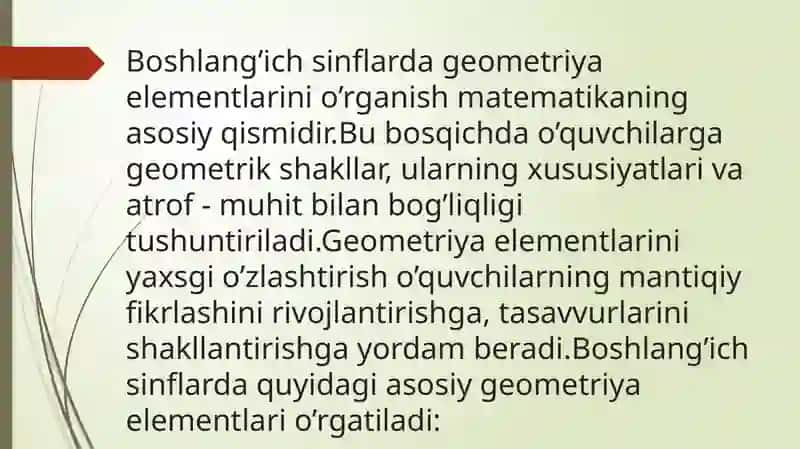 Geometriya elementlarini o'rgatish metodikasi 2