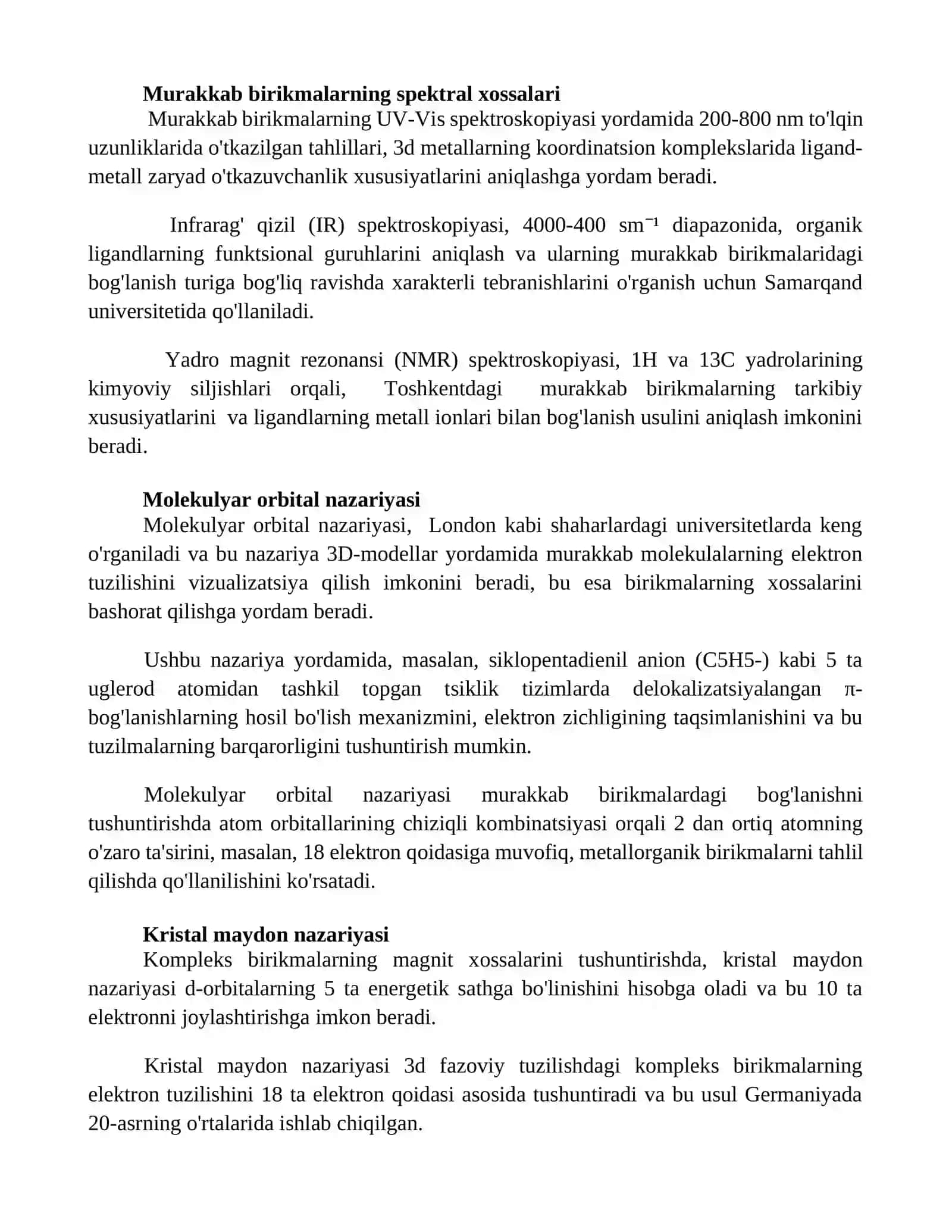 Murakkab birikmalardagi kimyoviy bog'lanishni tushuntiruvchi nazariyalar 2