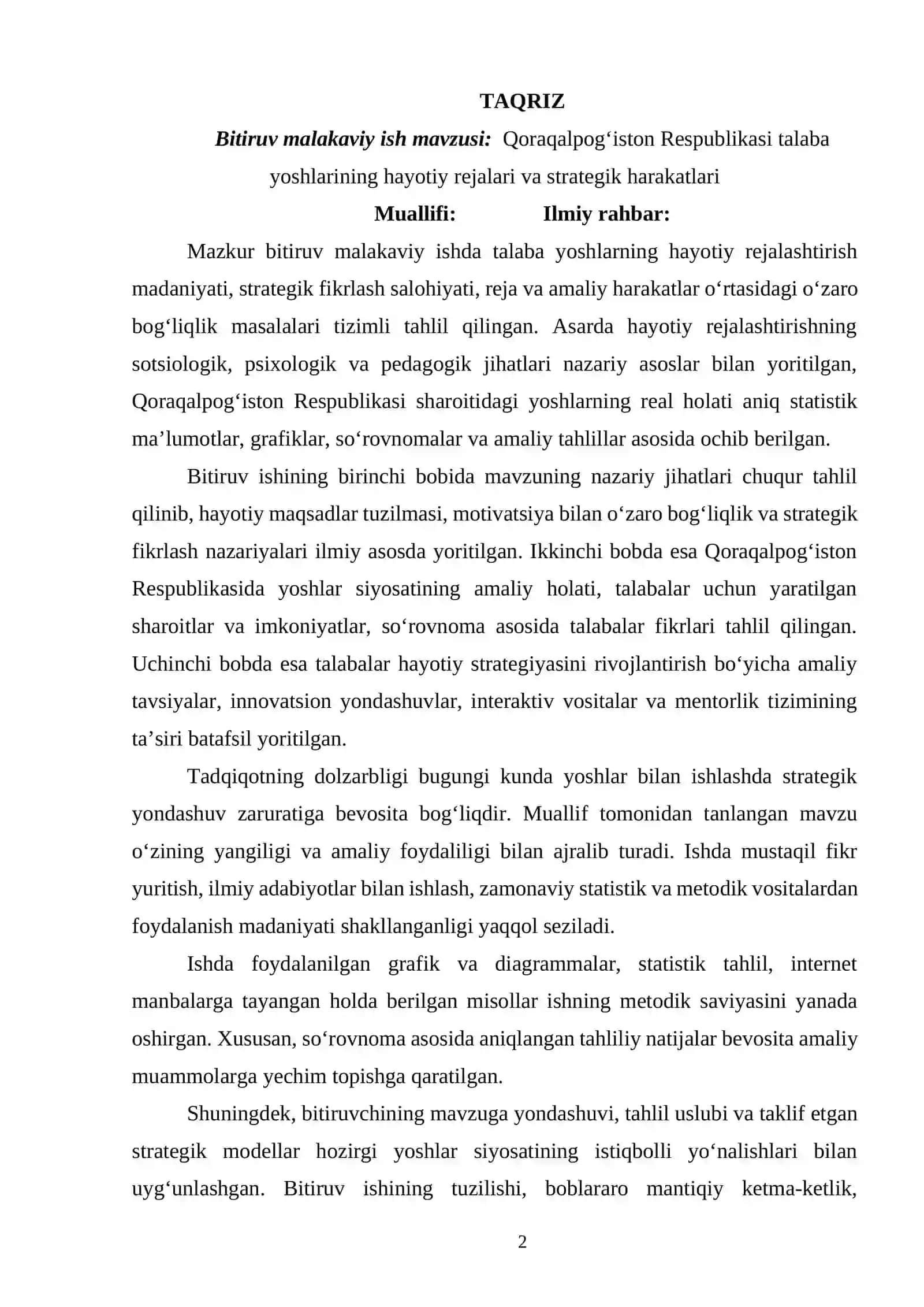 QORAQALPOG‘ISTON RESPUBLIKASI TALABA YOSHLARINING HAYOTIY REJALARI VA STRATEGIK HARAKATLARI 2